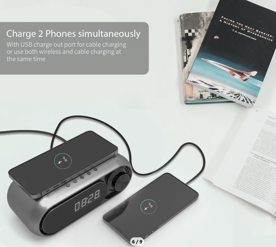 PARLANTE RADIO DESPERTADOR CON CARGA INALÁMBRICA